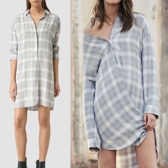 ✅ All Saints Shirt Dress Marlon Check Flannel Mini Light Blue