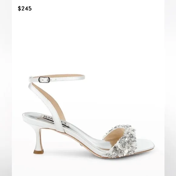 - Badgley Mischka Telissa white satin embellished heels size 8 stores display