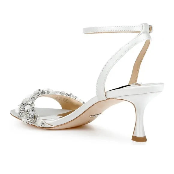 - Badgley Mischka Telissa white satin embellished heels size 8 stores display