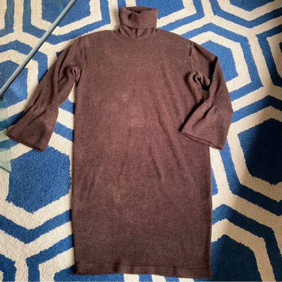 🤎 LILA KASS BROWN WOOL BLEND TURTLENECK LONG SLEEVE LOOSE FIT DRESS!