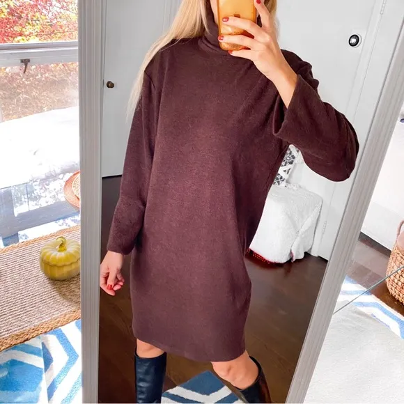 🤎 LILA KASS BROWN WOOL BLEND TURTLENECK LONG SLEEVE LOOSE FIT DRESS!