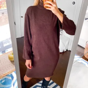 🤎 LILA KASS BROWN WOOL BLEND TURTLENECK LONG SLEEVE LOOSE FIT DRESS!