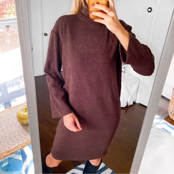🤎 LILA KASS BROWN WOOL BLEND TURTLENECK LONG SLEEVE LOOSE FIT DRESS!