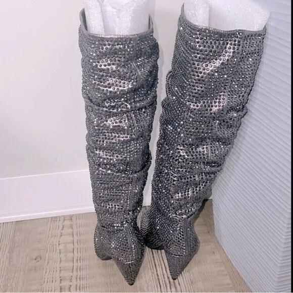 - NEW I.N.C Gerii grey Metallic Slouch Studded Boots Women shoes Pewter |5…