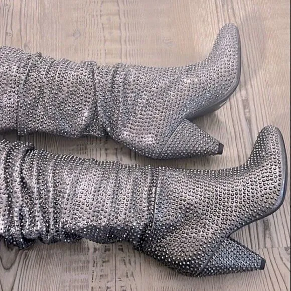 - NEW I.N.C Gerii grey Metallic Slouch Studded Boots Women shoes Pewter |5…