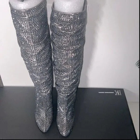- NEW I.N.C Gerii grey Metallic Slouch Studded Boots Women shoes Pewter |5…
