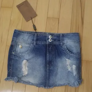 - NWOT Lanca Perfume sexy distressed cotton denim mini skirt lots of branding