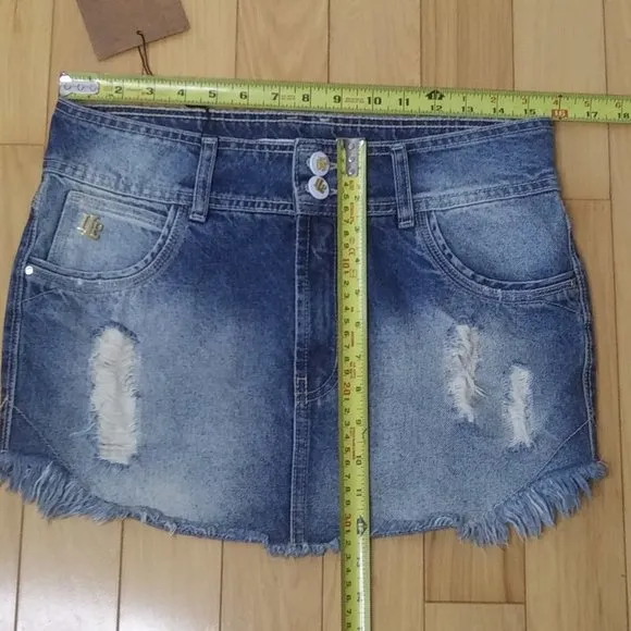 - NWOT Lanca Perfume sexy distressed cotton denim mini skirt lots of branding