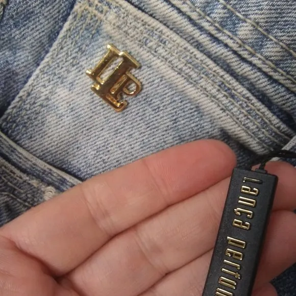 - NWOT Lanca Perfume sexy distressed cotton denim mini skirt lots of branding