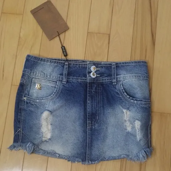 - NWOT Lanca Perfume sexy distressed cotton denim mini skirt lots of branding