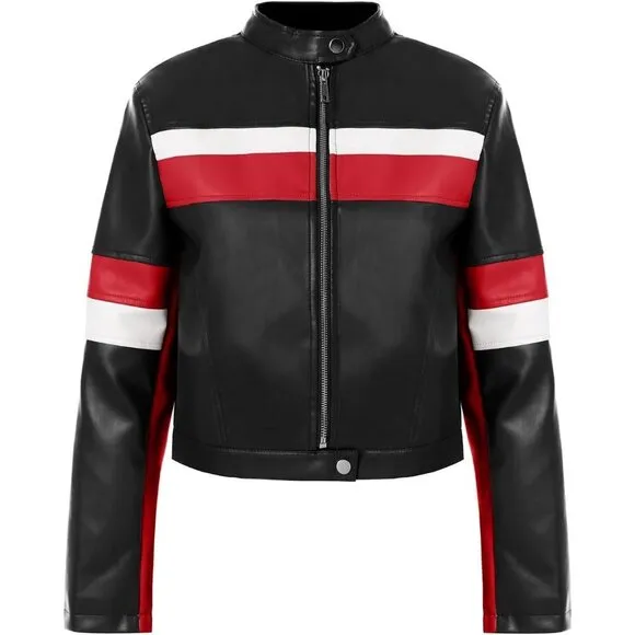 ⭐ Tankaneo Women's Cropped Faux Leather Moto Jacket Color Block Racing Coat