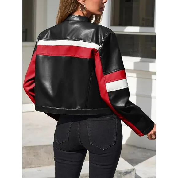 ⭐ Tankaneo Women's Cropped Faux Leather Moto Jacket Color Block Racing Coat