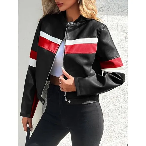 ⭐ Tankaneo Women's Cropped Faux Leather Moto Jacket Color Block Racing Coat