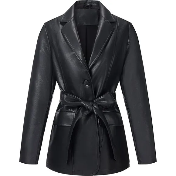 ✨ Women Black Faux Leather Blazer Jacket Shacket Fashion Vegan Button Down Coats