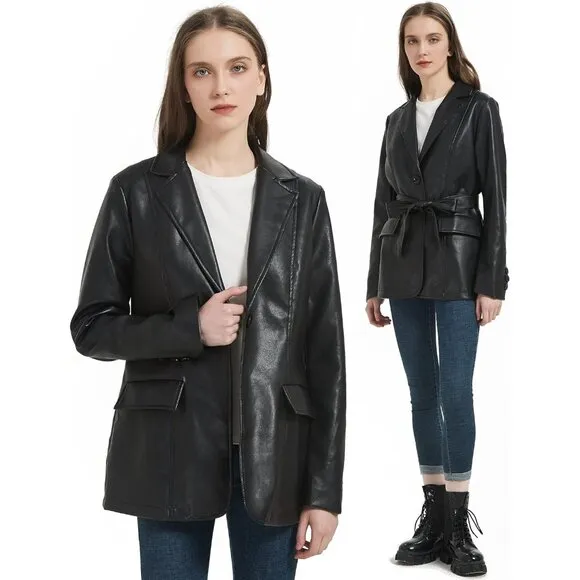 ✨ Women Black Faux Leather Blazer Jacket Shacket Fashion Vegan Button Down Coats