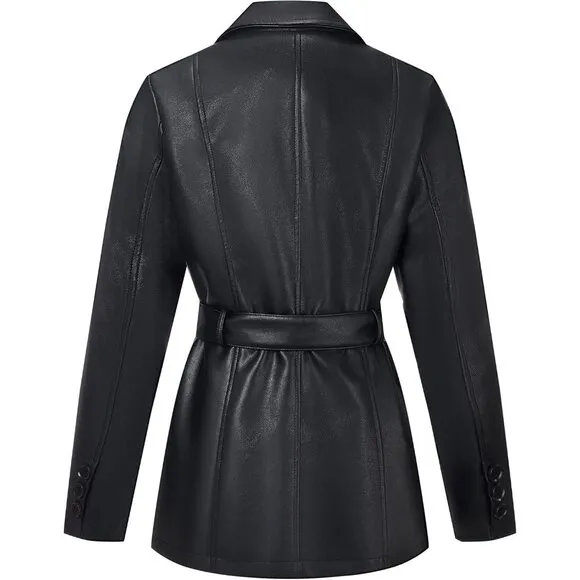✨ Women Black Faux Leather Blazer Jacket Shacket Fashion Vegan Button Down Coats