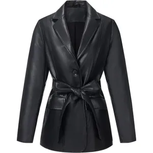 ✨ Women Black Faux Leather Blazer Jacket Shacket Fashion Vegan Button Down Coats