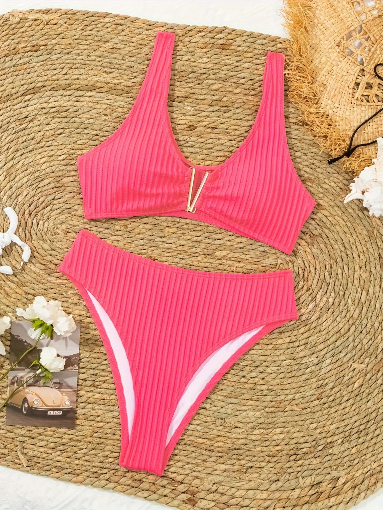 2 Piece Rib Knit High Stretch V Neck Strapless Bikini Set - Stylish Swimsuits for Women with Customized Fit, Machine Washable, Solid Color, No Printing - Perfect for Swimming