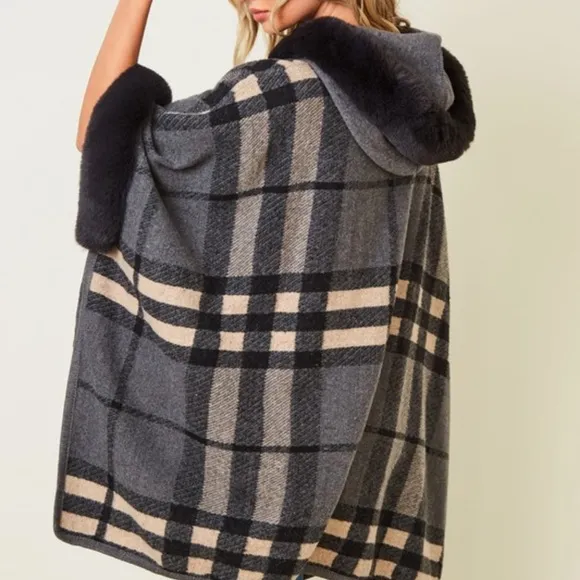 #47 Boho Fabulous Plaid Fur Trim Hooded Oversized Cozy Jacket Poncho