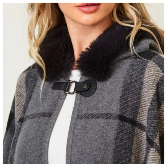 #47 Boho Fabulous Plaid Fur Trim Hooded Oversized Cozy Jacket Poncho