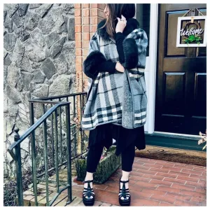 #47 Boho Fabulous Plaid Fur Trim Hooded Oversized Cozy Jacket Poncho