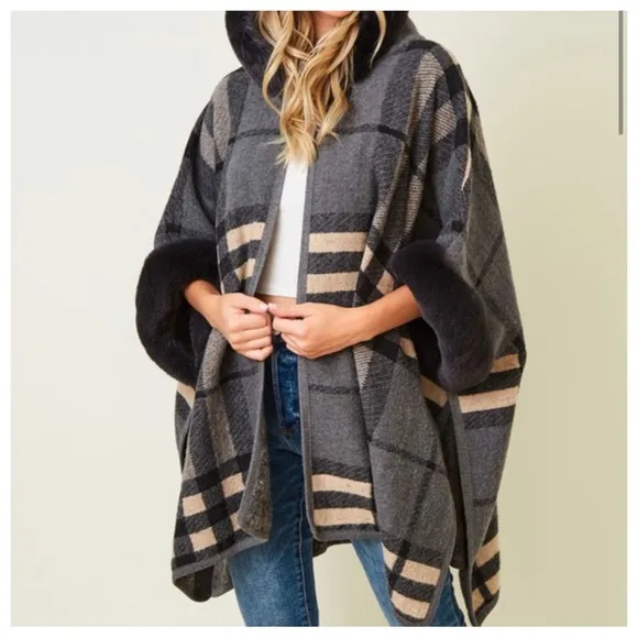 #47 Boho Fabulous Plaid Fur Trim Hooded Oversized Cozy Jacket Poncho