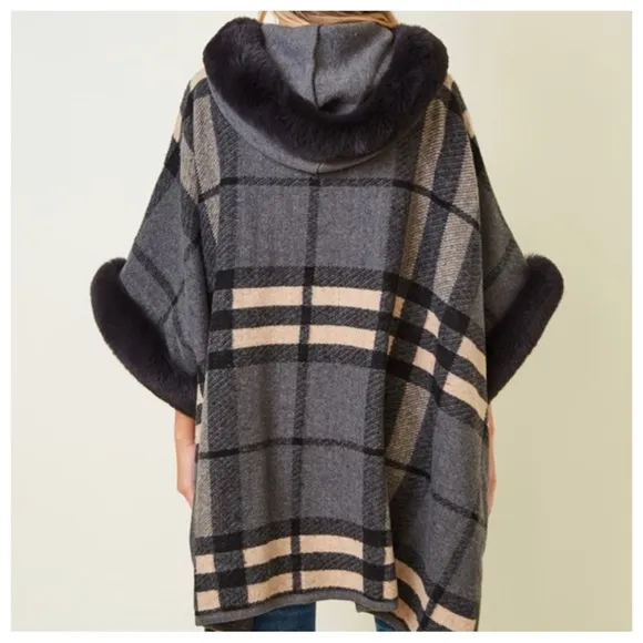 #47 Boho Fabulous Plaid Fur Trim Hooded Oversized Cozy Jacket Poncho