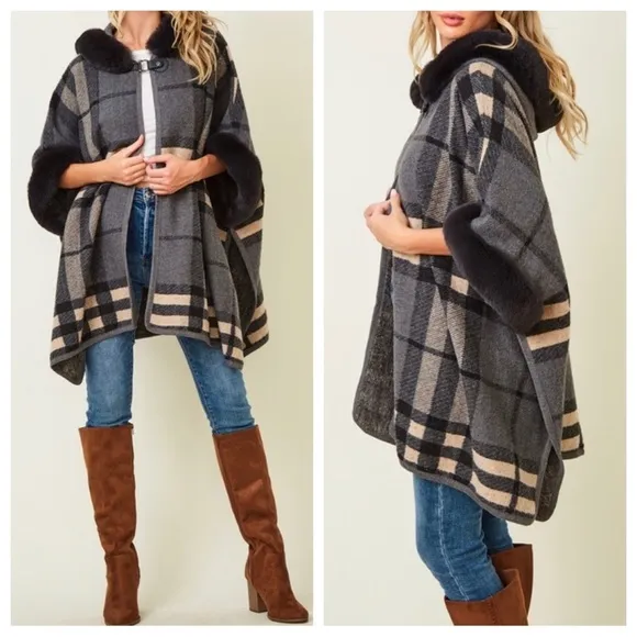#47 Boho Fabulous Plaid Fur Trim Hooded Oversized Cozy Jacket Poncho