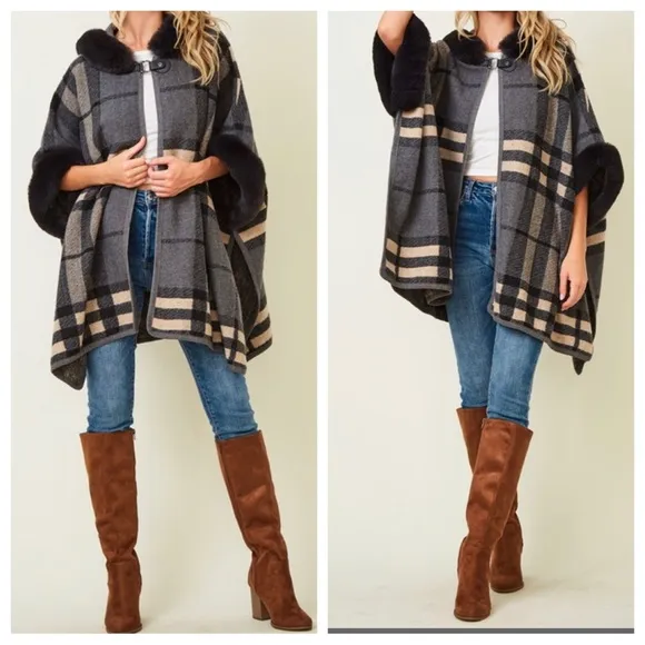 #47 Boho Fabulous Plaid Fur Trim Hooded Oversized Cozy Jacket Poncho