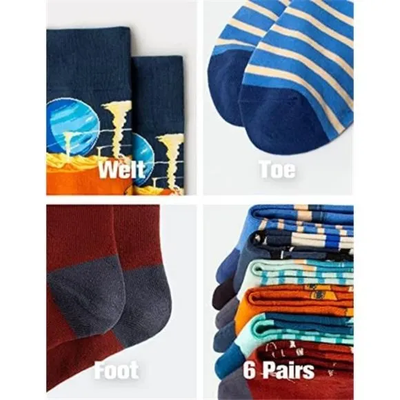 6 Pair Fun Dress Socks: Funny Novelty Colorful Cotton Crew Socks For Men 7-13