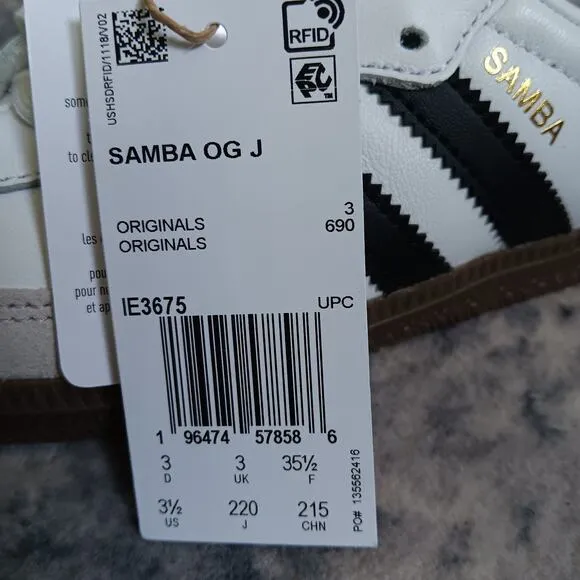 Adidas Samba OG Cloud White Core Black (GS) IE3675 Youth Size 3.5 NWB