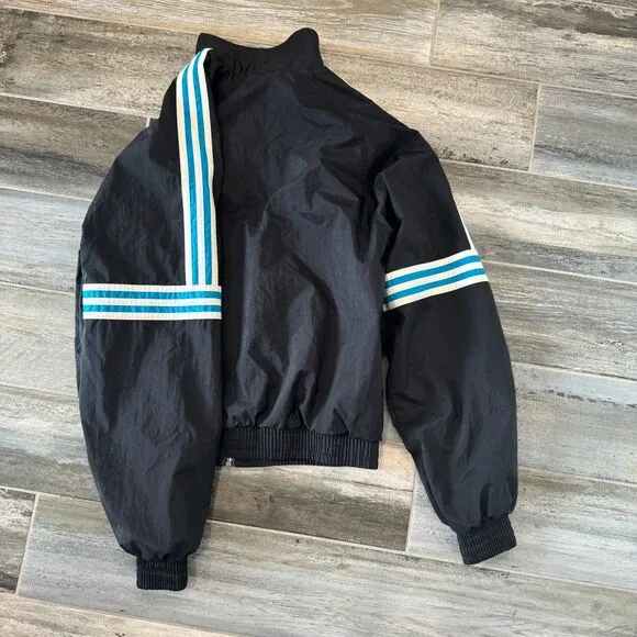 Adidas Vintage Windbreaker Bomber Jacket Black Zip Up Abstract Pattern Casual S