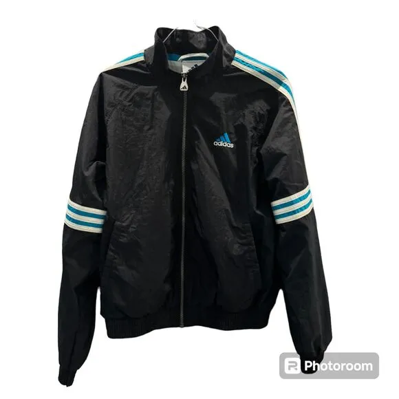 Adidas Vintage Windbreaker Bomber Jacket Black Zip Up Abstract Pattern Casual S