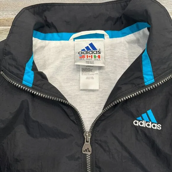 Adidas Vintage Windbreaker Bomber Jacket Black Zip Up Abstract Pattern Casual S
