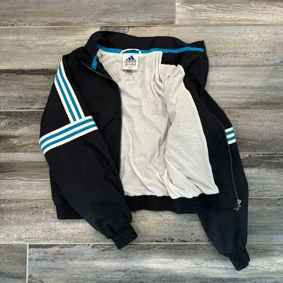 Adidas Vintage Windbreaker Bomber Jacket Black Zip Up Abstract Pattern Casual S