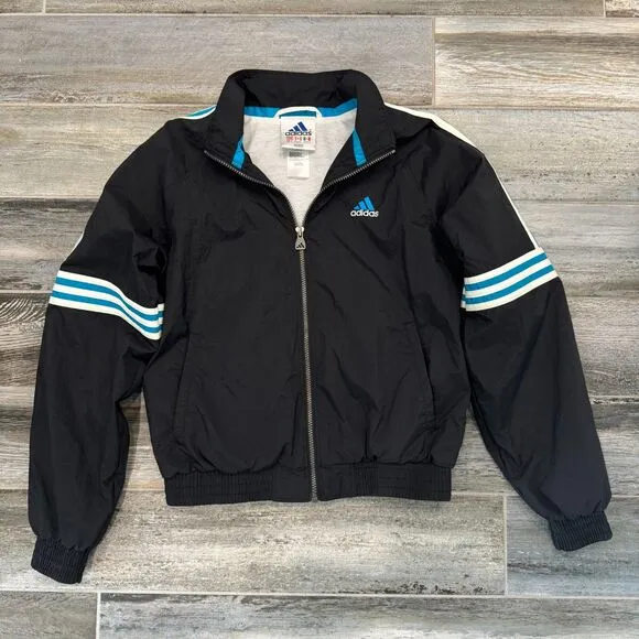 Adidas Vintage Windbreaker Bomber Jacket Black Zip Up Abstract Pattern Casual S