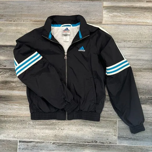 Adidas Vintage Windbreaker Bomber Jacket Black Zip Up Abstract Pattern Casual S
