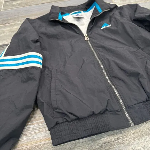 Adidas Vintage Windbreaker Bomber Jacket Black Zip Up Abstract Pattern Casual S