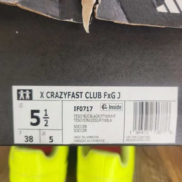 Adidas X Crazyfast Club FxG Youth Sz 5.5 Yellow Black Sport Soccer Cleats IF0717