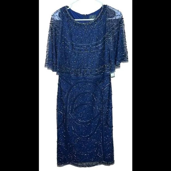 Adrianna Papell Navy Beaded  sheath dress with cape 6 NWT Gorgeous