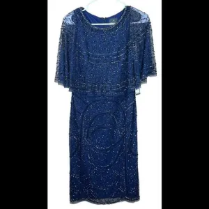 Adrianna Papell Navy Beaded  sheath dress with cape 6 NWT Gorgeous