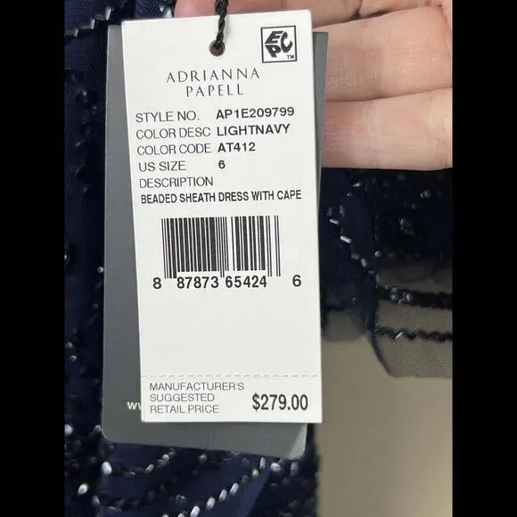 Adrianna Papell Navy Beaded  sheath dress with cape 6 NWT Gorgeous