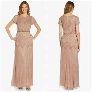 Adrianna Papell Plus Size Short Sleeve Blouson Beaded blush Gown