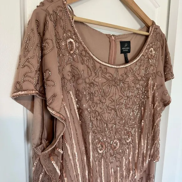 Adrianna Papell Plus Size Short Sleeve Blouson Beaded blush Gown