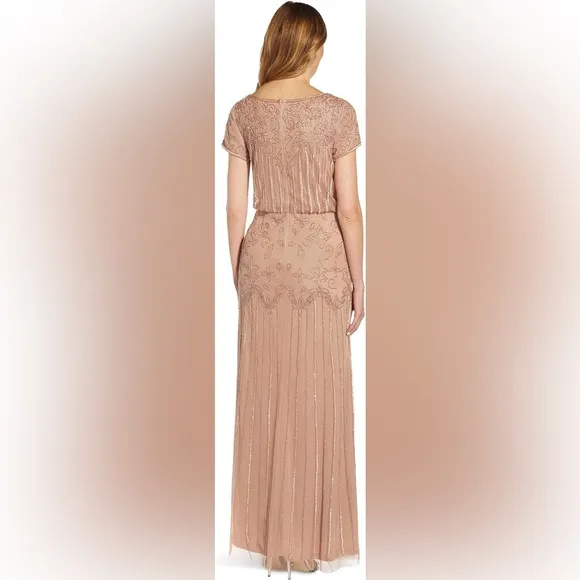 Adrianna Papell Plus Size Short Sleeve Blouson Beaded blush Gown