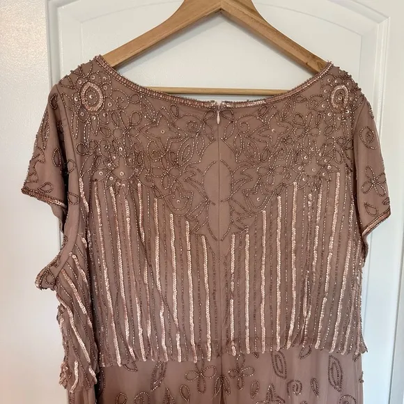 Adrianna Papell Plus Size Short Sleeve Blouson Beaded blush Gown