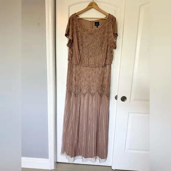 Adrianna Papell Plus Size Short Sleeve Blouson Beaded blush Gown