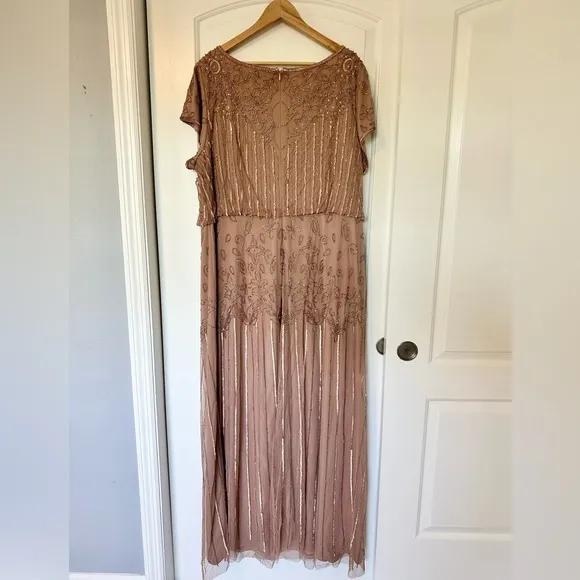 Adrianna Papell Plus Size Short Sleeve Blouson Beaded blush Gown