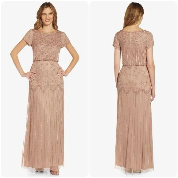 Adrianna Papell Plus Size Short Sleeve Blouson Beaded blush Gown