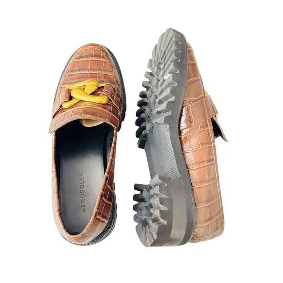 Aerosoles Shoes Women’s Size 9 Lilia Brown Leather Croc Lug Sole Loafer